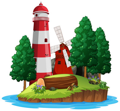 Scene with lighthouse and windmill on white background