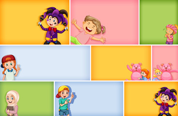 Set of different kid characters on different color background