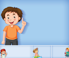 Set of different kid characters on blue color background