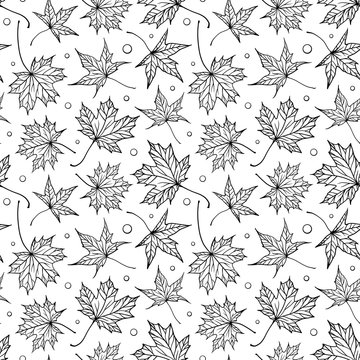 Black and white maple leaves vector seamless pattern