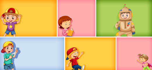 Fototapeta premium Set of different kid characters on different color background