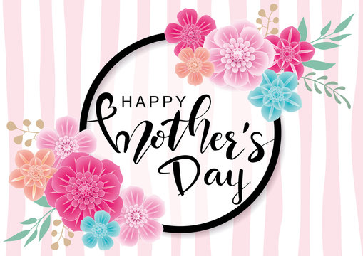 Happy Mother's Day greeting card with 3d flowers on pink background.Vector illustration for women's day, shop, easter, invitation, banners, discount, sale, flyer, poster, decoration.