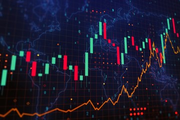 Virtual creative financial graph and world map on blue background, forex and investment concept. 3D Rendering