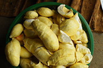 Close up durian flesh yellow gold in the basket