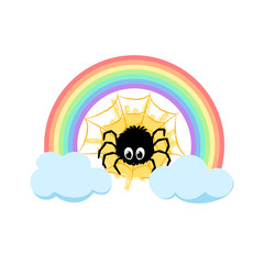 black funny spider sitting at the web on sunny background with rainbow. vector illustration. cartoon character. kids print. design element for label, sticker, baby book layout, t shirt