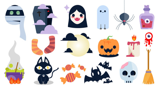 Cute and funny Halloween vector set. Quirky fun cartoon characters of children. Pumpkin, ghost, cat, bat, candy, jar and more. Isolated icons and holiday symbols for for invitations  and packaging.
