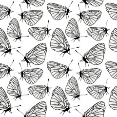 Fototapeta na wymiar Seamless pattern with hand drawn butterflies on a white background. Doodle, simple outline illustration. It can be used for decoration of textile, paper and other surfaces.