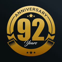 92nd Anniversary logo,92 year Anniversary logo design celebration, luxurious golden color logo. 