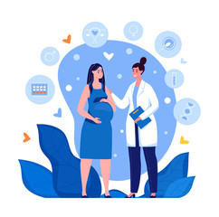 Fototapeta Pregnant woman at the doctor's appointment. Maternity hospital, Maternal and perinatal health, Preservation of pregnancy. Vector. Illustration in flat cartoon style. obraz