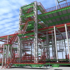 The cover of the project made with the use of BIM technology. 3D rendering. Presentation of the project for the customer, contractor and installers of the building made of metal structures.