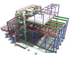 The cover of the project made with the use of BIM technology. 3D rendering. Presentation of the project for the customer, contractor and installers of the building made of metal structures.