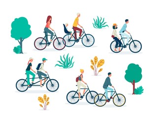 Naklejka premium People cartoon characters riding bicycles flat vector illustration isolated.