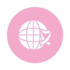 global sphere with breast cancer ribbon icon, block style
