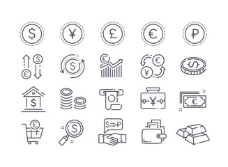 Large collection of 20 different money, banking, financial and transaction icons with assorted currencies, black and white vector illustration