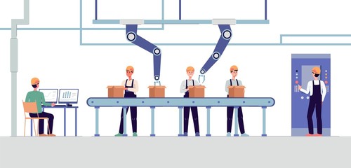 Smart factory with cardboard box packaging conveyor belt with robot arms.