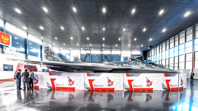 Sukhoi Su-57 PAK FA russian air force 5th generation stealth fighter jet on display at Army 2020 military exhibition. Side wide view of SU57 pakfa military airplane in Moscow Russia on August 2020