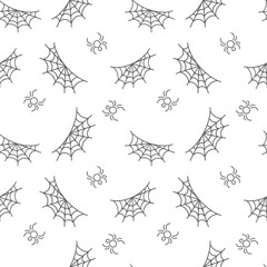 Cute drawn spiders and webs, seamless pattern. Halloween. Vector background for fabric, wrapping paper