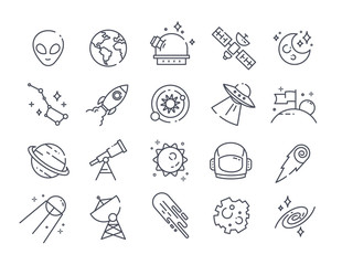 Set of space icons with rockets, planet, aliens, shooting stars, satellite and spaceships, line drawn black and white vector illustration