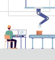 Technical specialist monitoring smart factory flat vector illustration isolated.