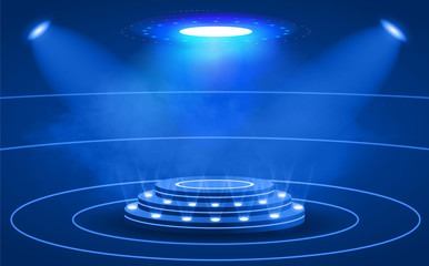 Empty circular podium illuminated by blue spot lights in a concept of winning and achievement, colored vector illustration