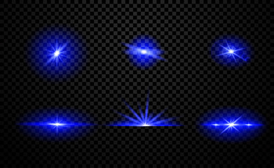 Collection of six different blue light effects with beams and bursts for design elements over a transparent black background, colored vector illustration