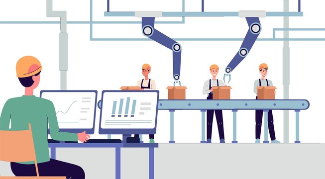 Smart factory - robot arms and cartoon working together at conveyor belt
