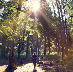 A female in a mask, a sports jacket alone is standing in a pine forest