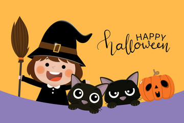 Happy halloween greeting card with cute witch, little owl and black cat. Holidays cartoon character vector