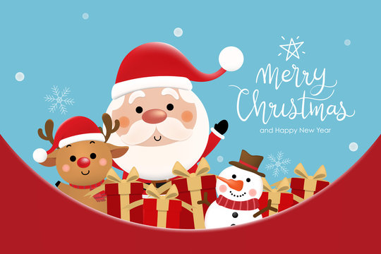 Merry Christmas and happy new year with cute Santa Claus, reindeer and snowman. Holidays cartoon character vector.