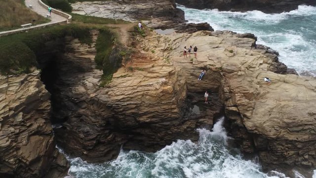 Coastal Landscape and cliffs in Foz, village of Galicia.Spain. Aerial Drone Footage