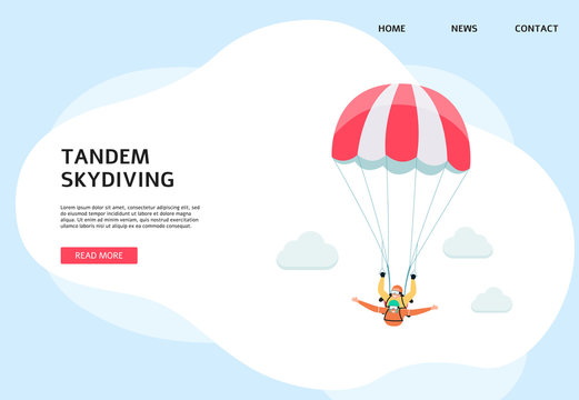 Tandem skydiving website banner - two cartoon people flying with parachute