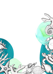 Marine Line Abstract Art frame with abstract watercolor shapes, splashes, textures, sea monochrome animals 