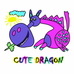 Vector illustration of a cartoon dragon. Cheerful color picture on a white background. Children's abstract drawing of a cute pink dragon.