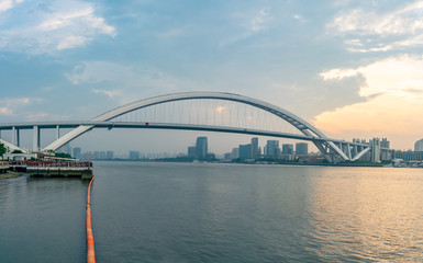 Fototapeta na wymiar Panorama view of Lupu Bridge, in Shanghai, China.