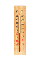 Wooden thermometer isolated on white background. Ambient temperature plus 5 degrees celsius 