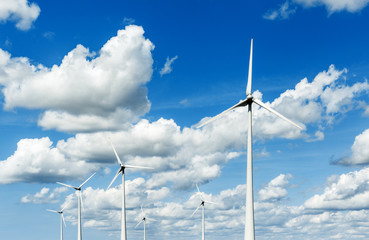Wind turbines field for electric power generation. Green energy generate from wind