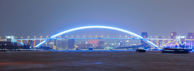 Night view of Lupu bridge, in Shanghai, China.