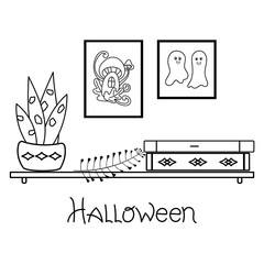 Halloween, lettering. A shelf of spell books, a portrait of ghosts, a magic house. Interior illustration.