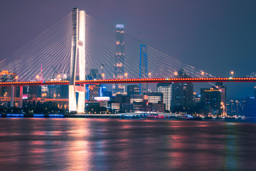 Fototapeta na wymiar Night view of Nanpu bridge, in Shanghai, China.