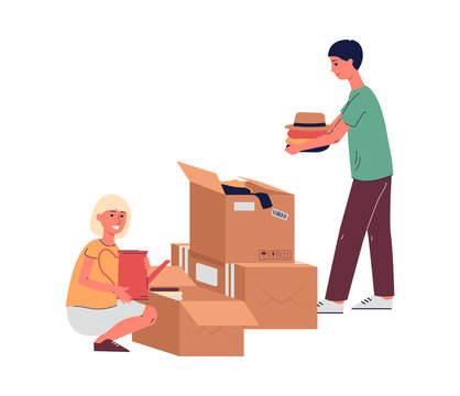 Man and woman packing boxes for house moving flat vector illustration isolated.