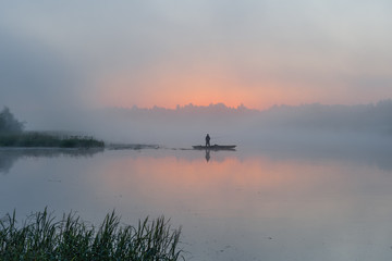 Morning, sun, fog, boat, fisherman, fishing rods, river, rest and hobby