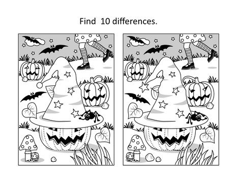 Halloween find 10 differences visual puzzle and coloring page with little witch chasing her hat, pumpkins, bats, spider
