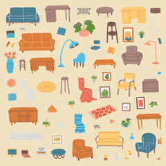 Furniture & home decor. Set of room interiors with furniture doodle style