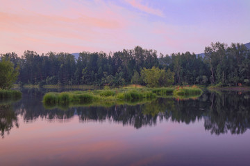 Fototapeta na wymiar Summer landscape at sunrise. A river with trees reflected in it and a blue dawn sky with pink clouds. The beauty of the surrounding world.