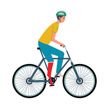 Paralympic games male disabled athlete with limb prosthesis riding bicycle, flat vector illustration isolated.