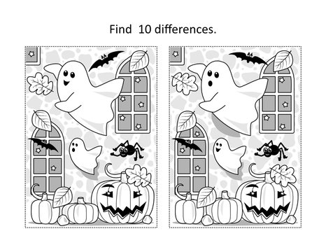 Find 10 differences visual puzzle and coloring page with Halloween ghosts playing in old castle interior
