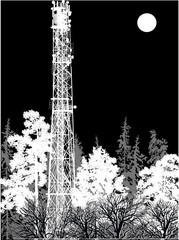 telecommunications tower white silhouette in forest isolated on black