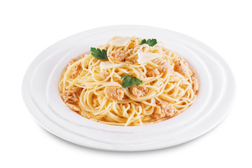 Minced turkey parsley pasta on a white isolated background