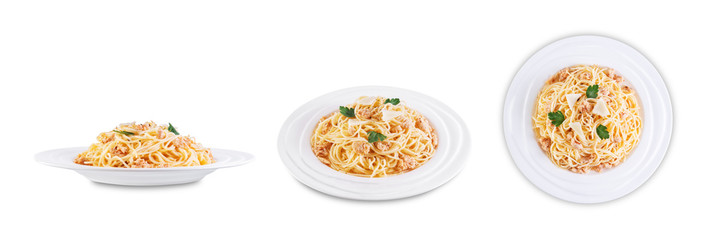 Minced turkey parsley pasta on a white isolated background