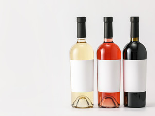Bottles of wine with blank labels on light background. Mockup for design